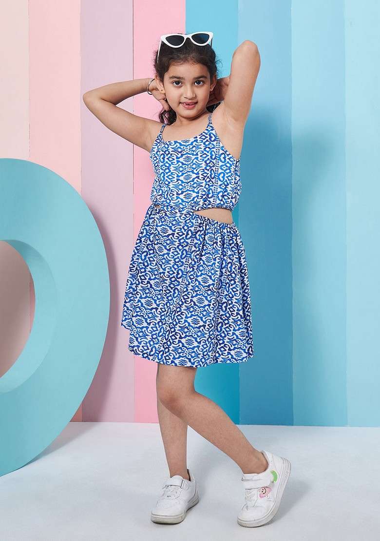 Blue Printed Crepe Dress - Indya