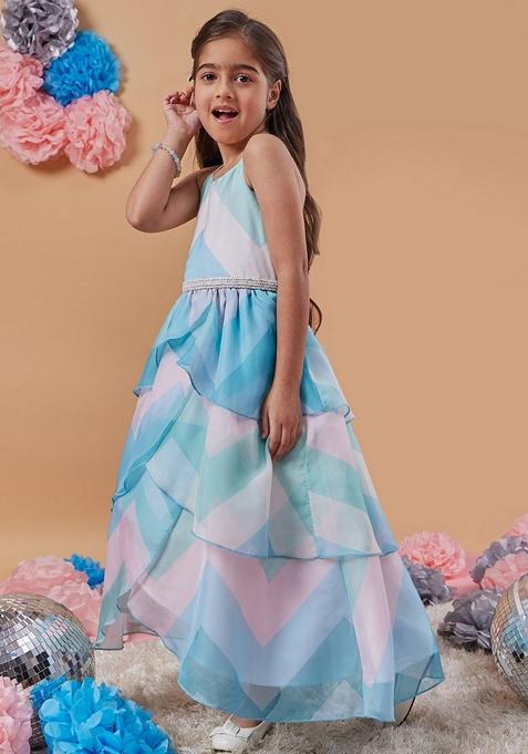 Blue Printed Organza Dress
