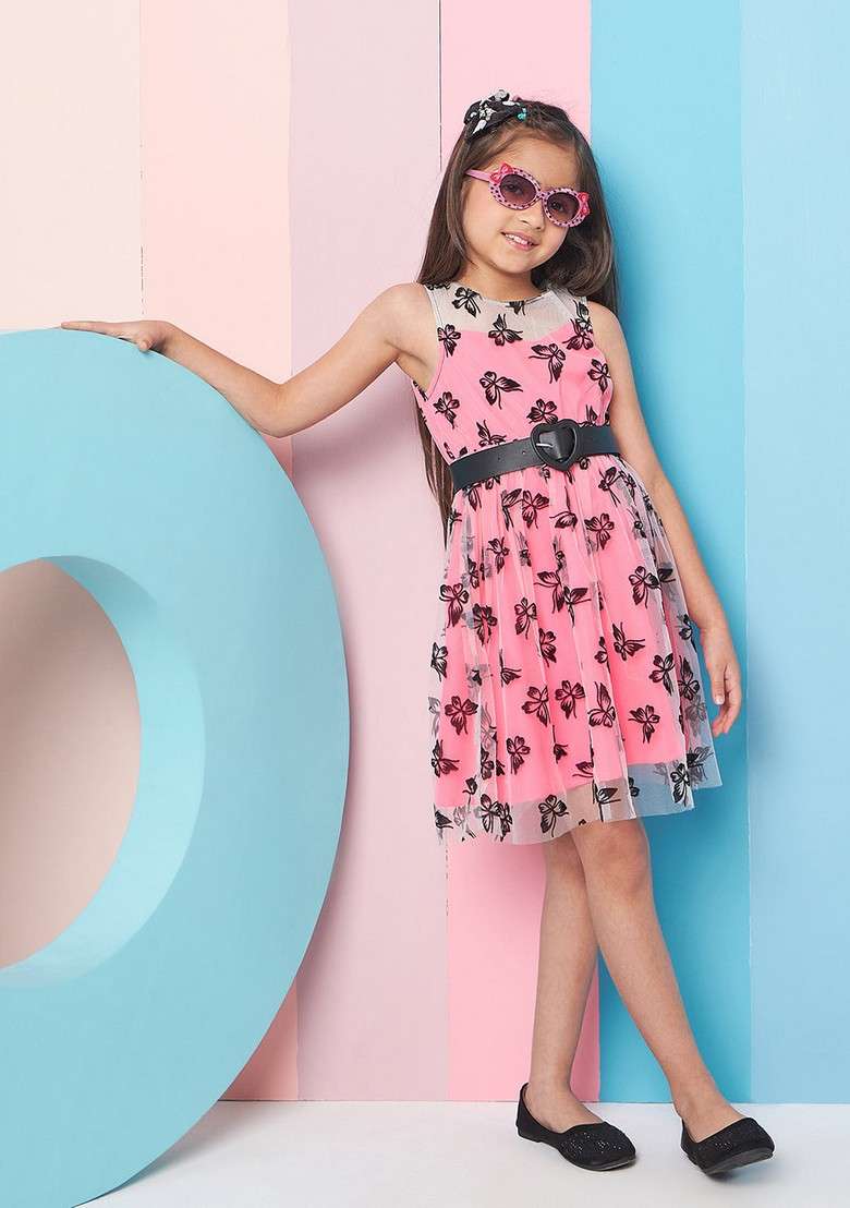 Pink Printed Net And Crepe Dress - Indya