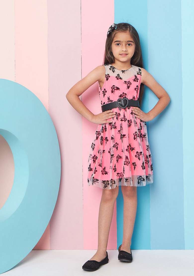 Pink Printed Net And Crepe Dress - Indya