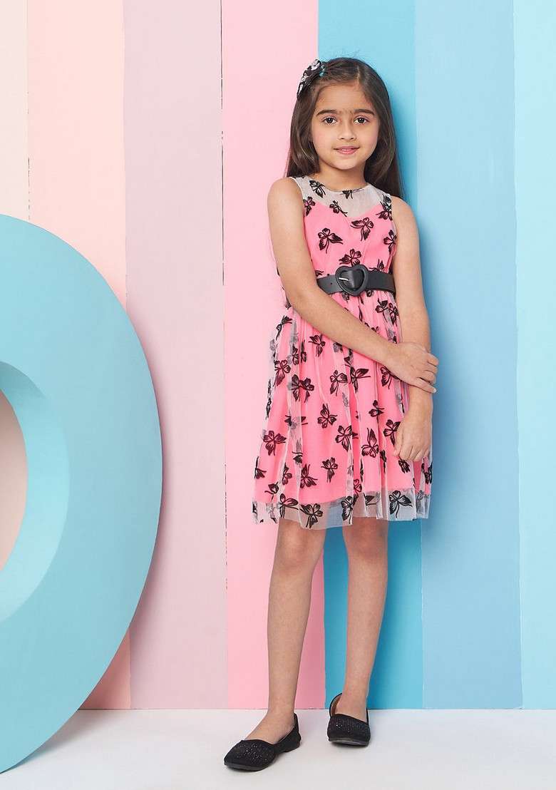 Pink Printed Net And Crepe Dress - Indya