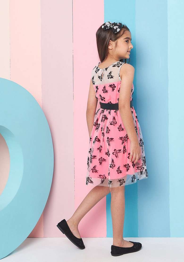 Pink Printed Net And Crepe Dress - Indya