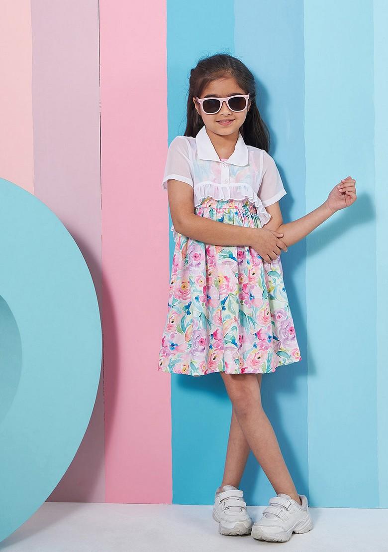 Blue Printed Poly Reyon And Georgette Dress - Indya