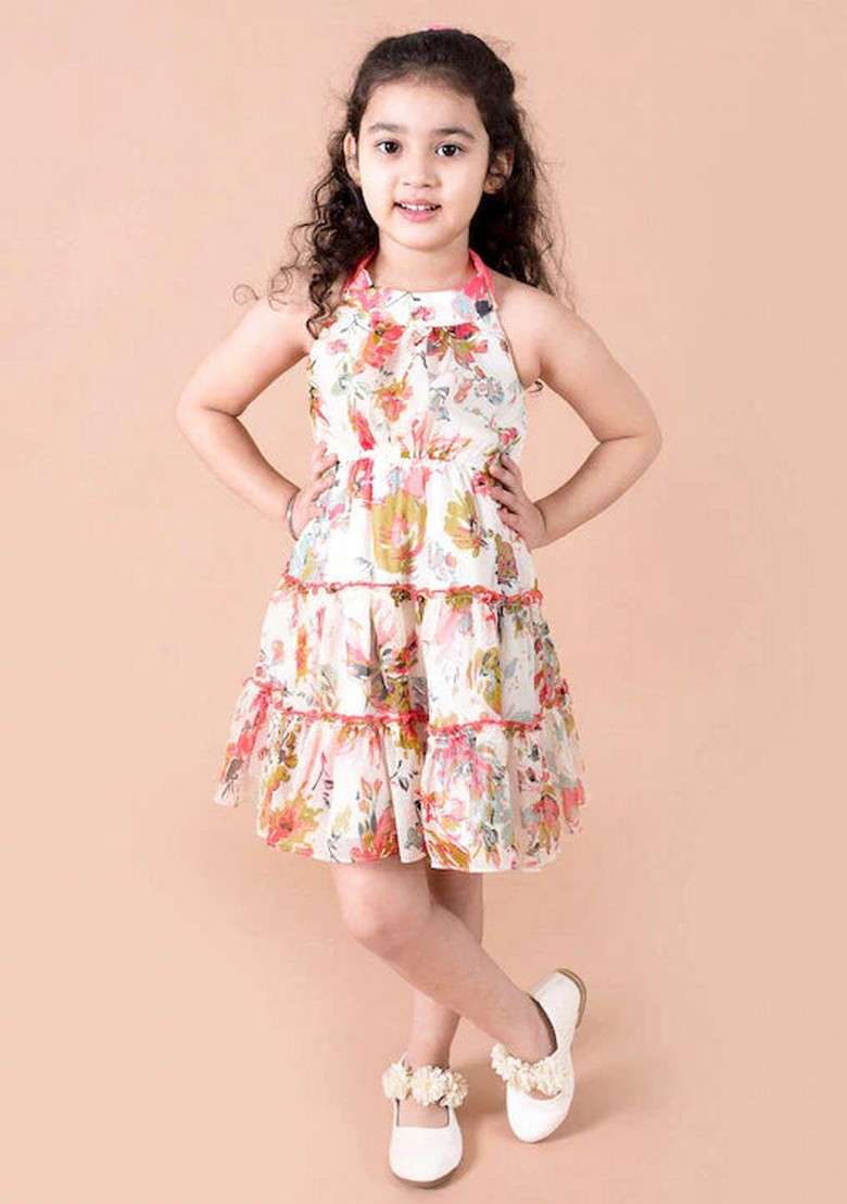 White Printed Polyester Dress - Indya