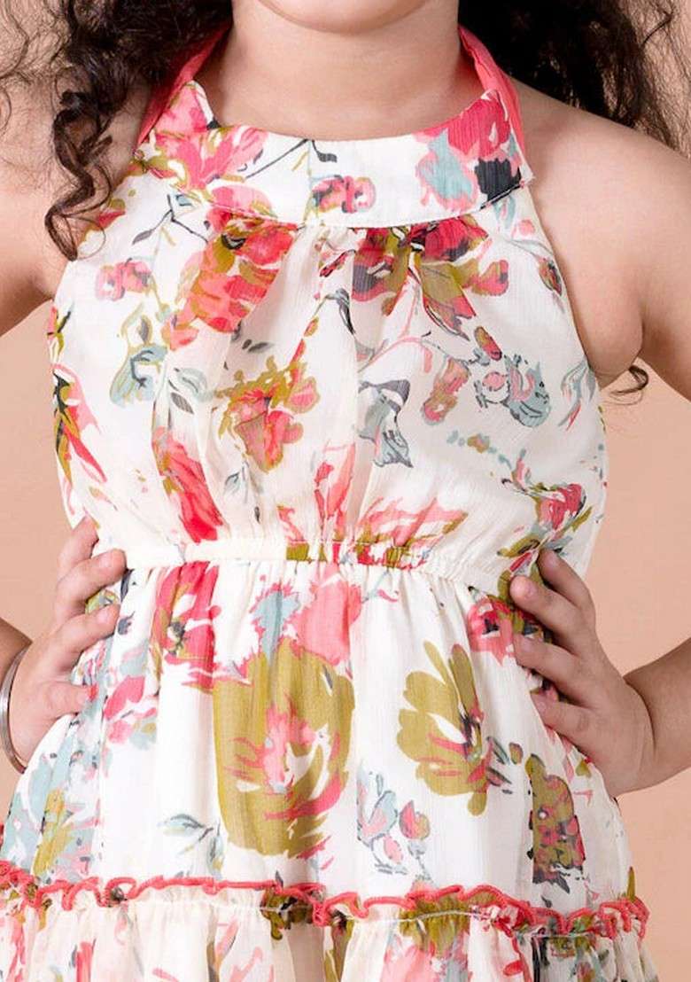 White Printed Polyester Dress - Indya