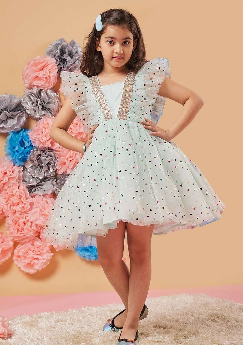 Blue Printed Net Dress - Indya