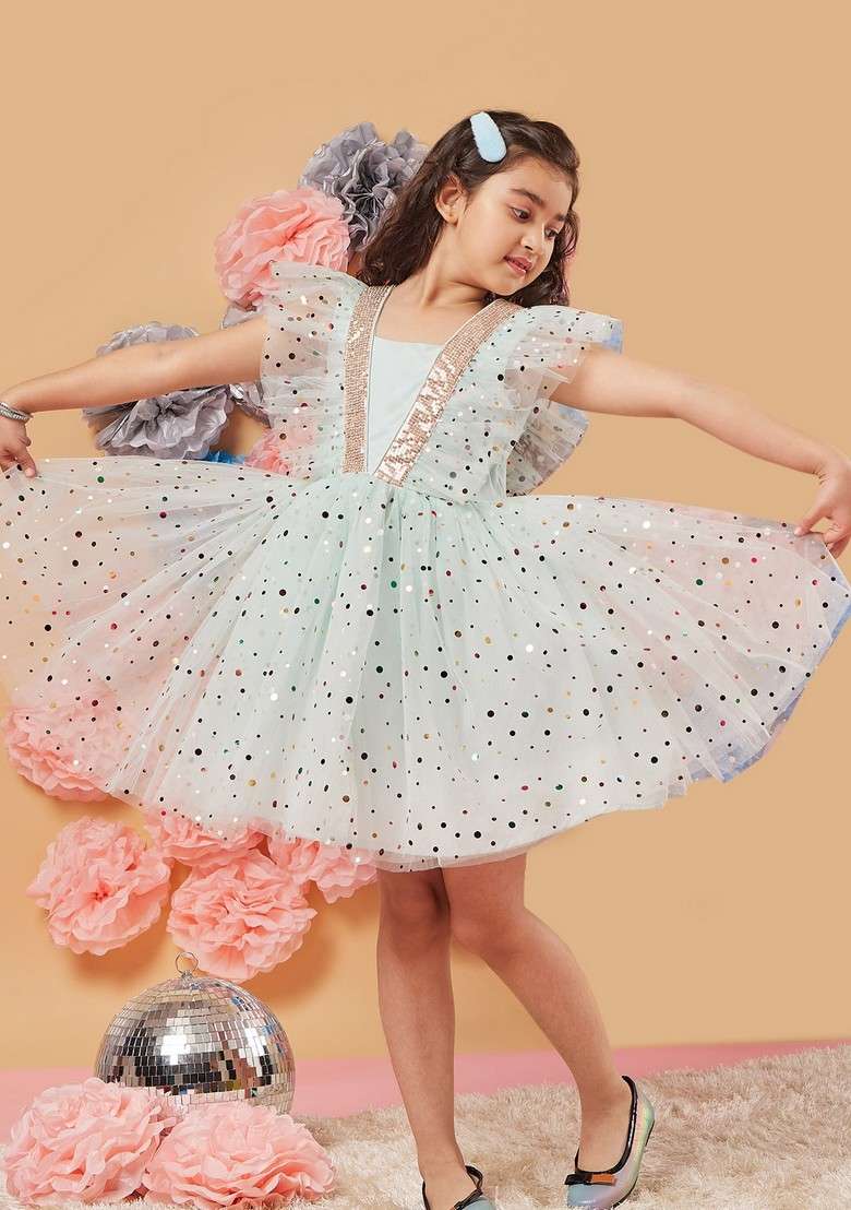 Blue Printed Net Dress - Indya