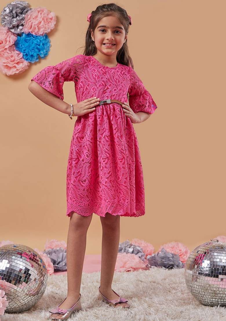 Magenta Self Design Fit Flare Dress - Indya