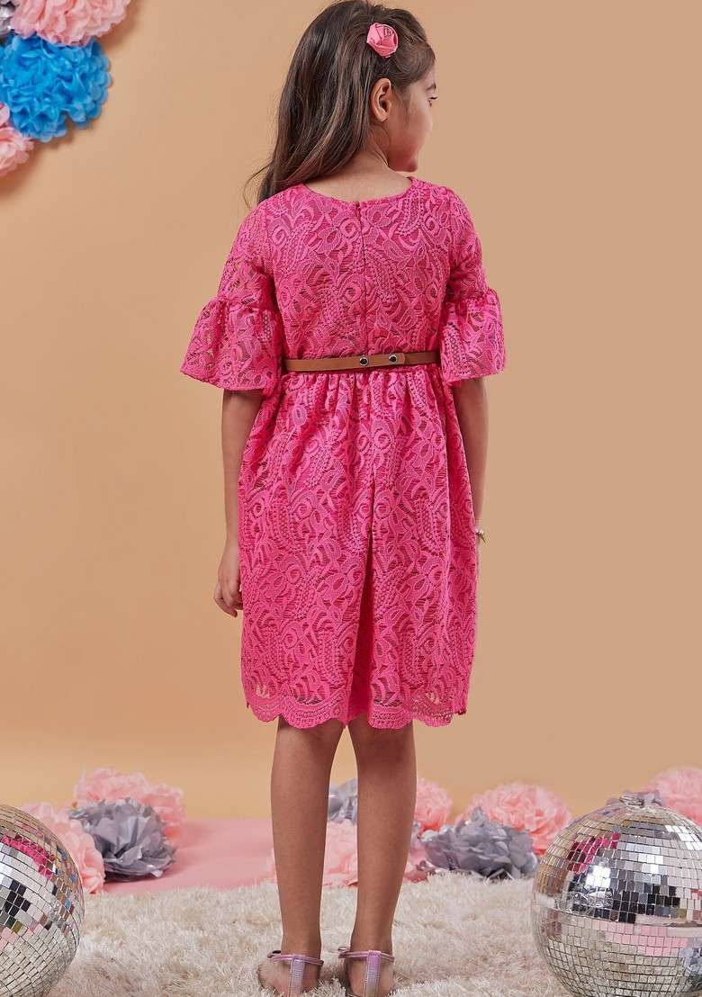 Magenta Self Design Fit Flare Dress - Indya