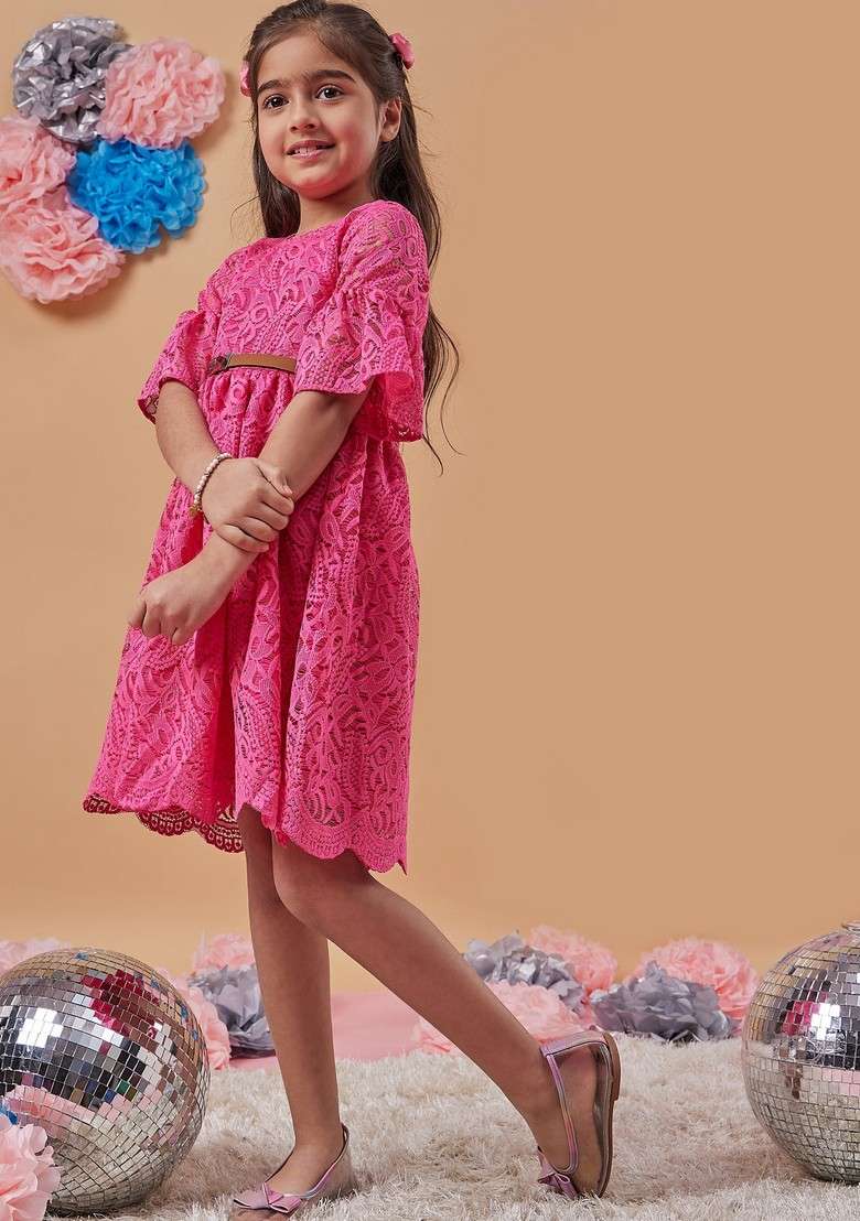 Magenta Self Design Fit Flare Dress - Indya