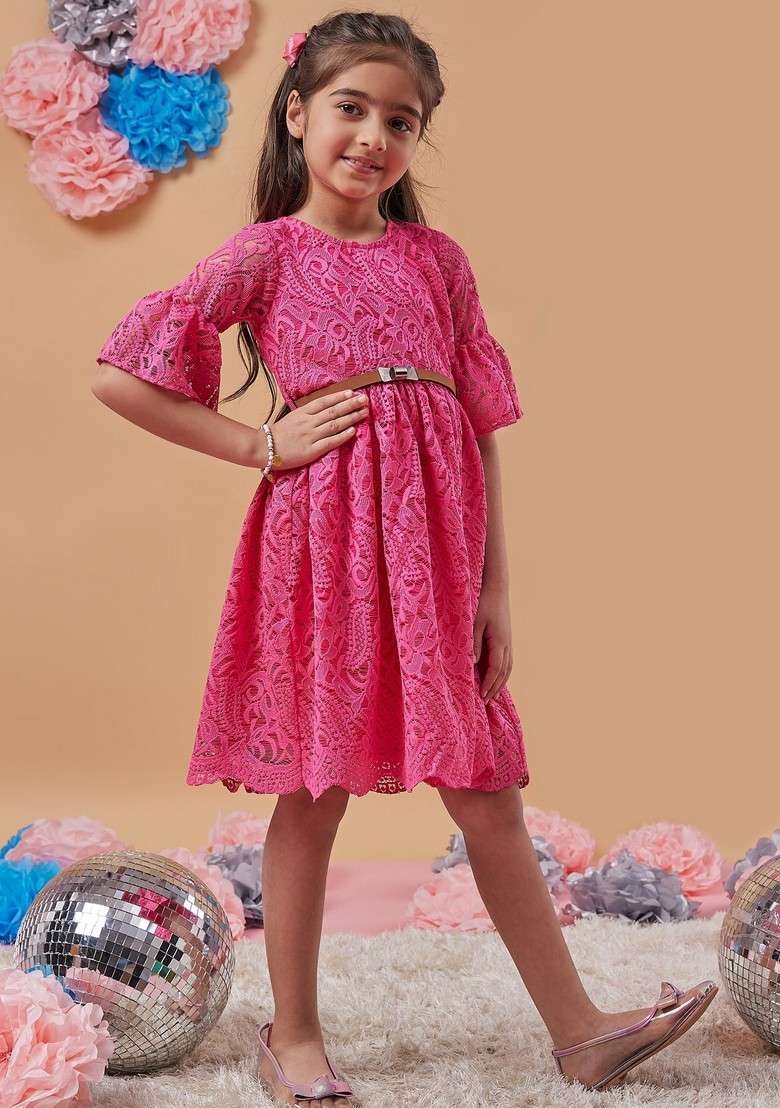 Magenta Self Design Fit Flare Dress - Indya