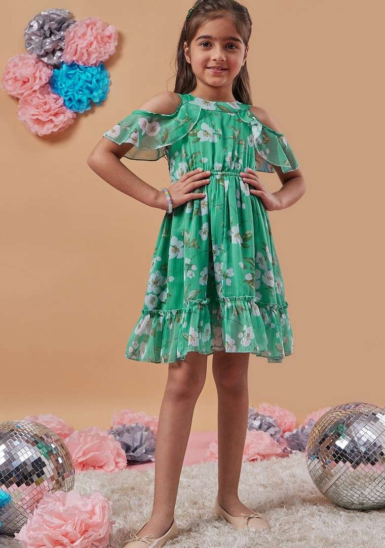Green Printed Chiffon Dress - Indya