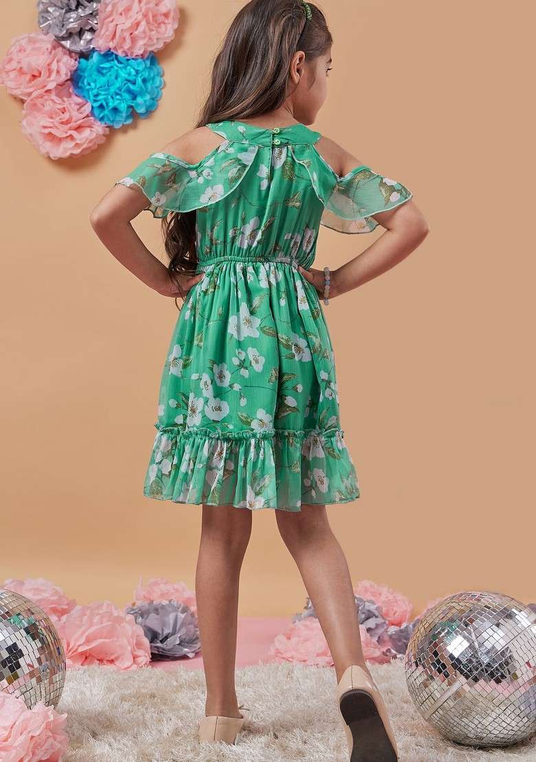 Green Printed Chiffon Dress - Indya