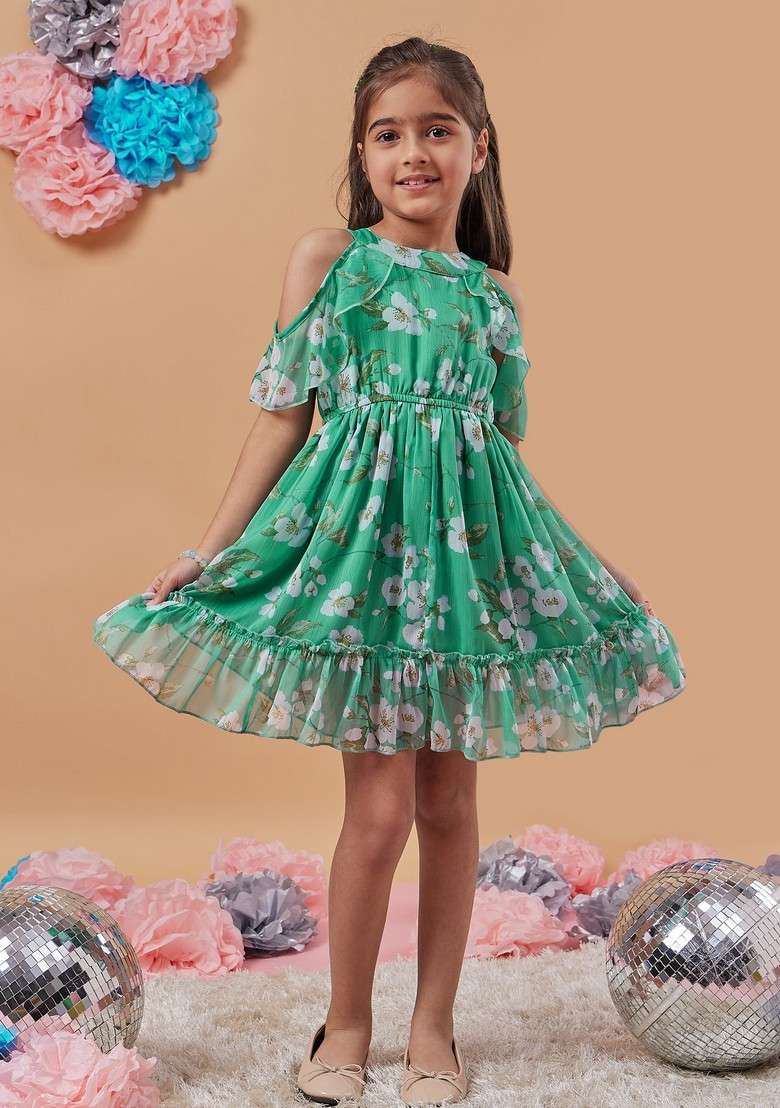 Green Printed Chiffon Dress - Indya