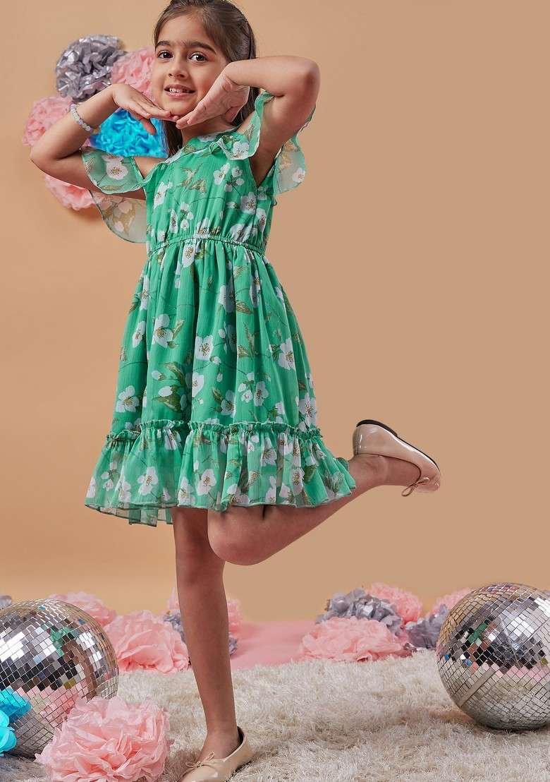 Green Printed Chiffon Dress - Indya