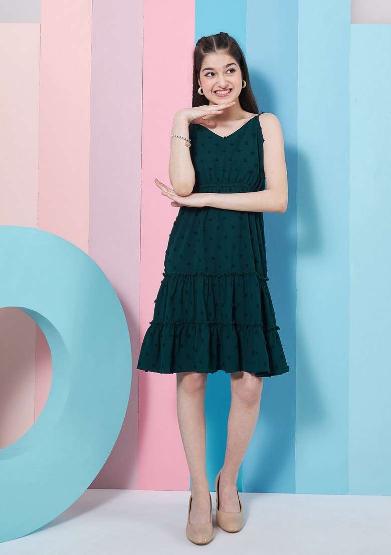 Green Self Design Georgette And Crepe Dress - Indya