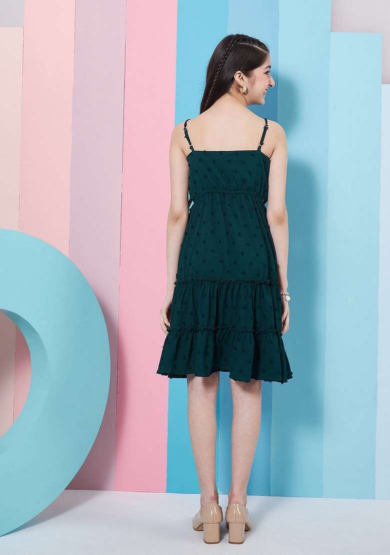 Green Self Design Georgette And Crepe Dress - Indya