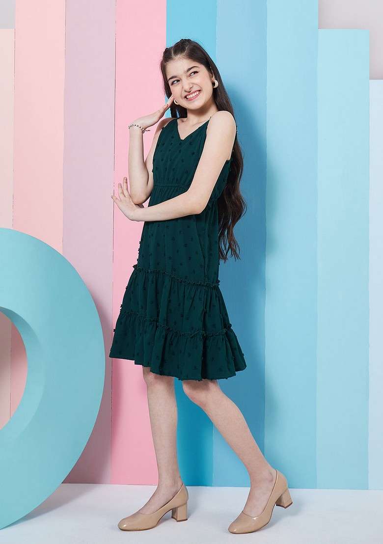 Green Self Design Georgette And Crepe Dress - Indya