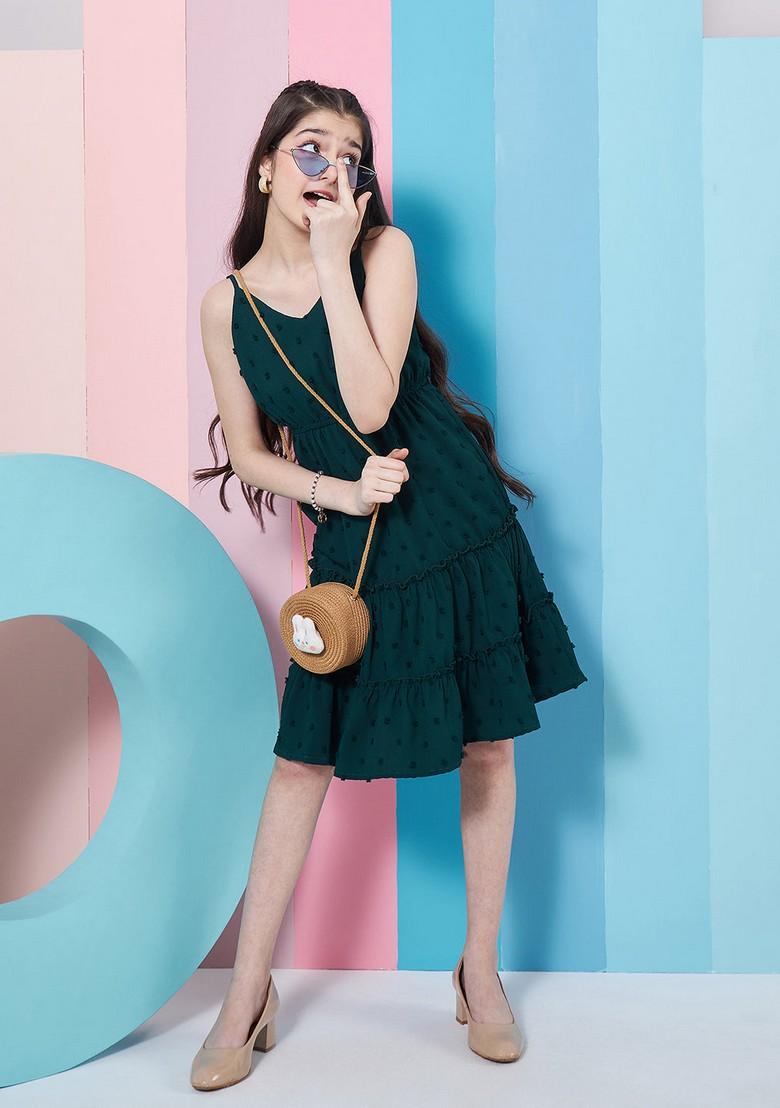 Green Self Design Georgette And Crepe Dress - Indya