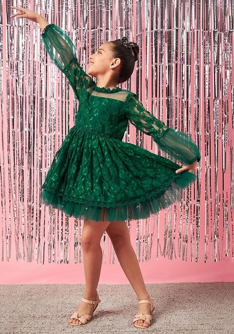 Girls Self Design Gathered Fit Flare Dress