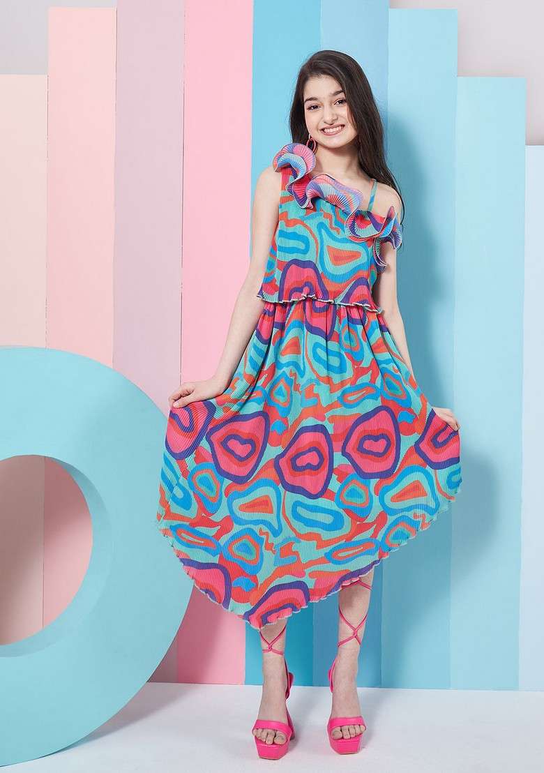 Green Printed Georgette Dress - Indya