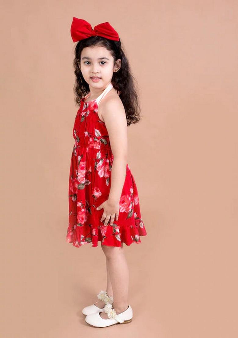 Red Floral Rayon And Viscose Dress