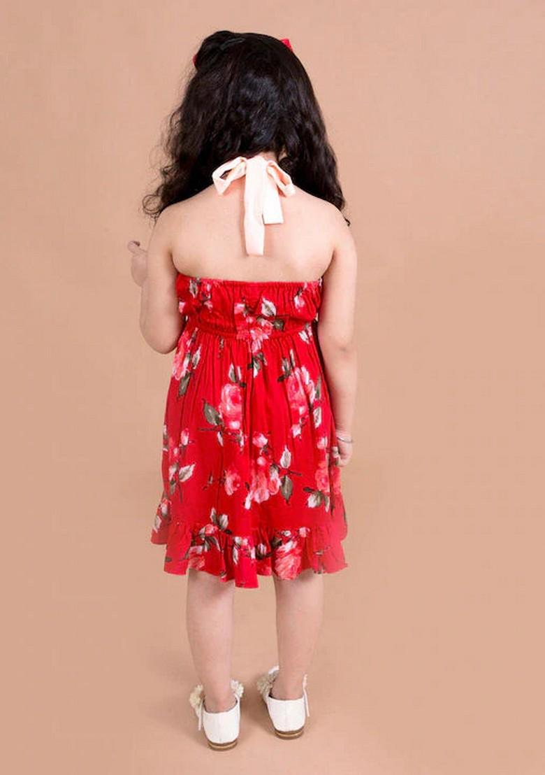 Red Floral Rayon And Viscose Dress