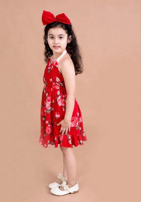 Red Floral Rayon And Viscose Dress