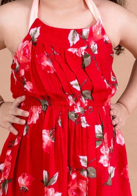 Red Floral Rayon And Viscose Dress