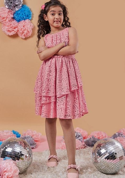 Peach Lace Polyester Dress — view on Indya
