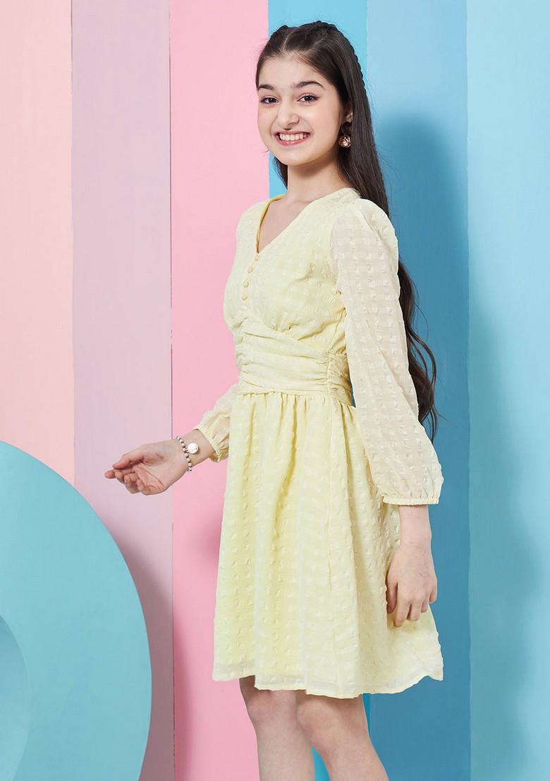 Lemon Self Design Georgette Dress - Indya