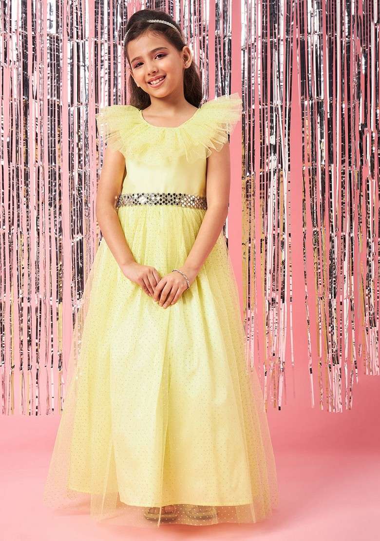 Yellow Embellished Net And Lace Dress - Indya