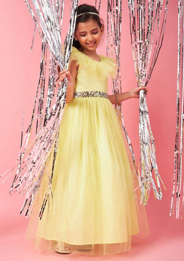 Yellow Embellished Net And Lace Dress - Indya