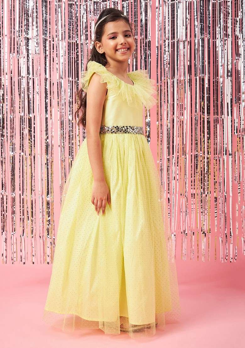 Yellow Embellished Net And Lace Dress - Indya