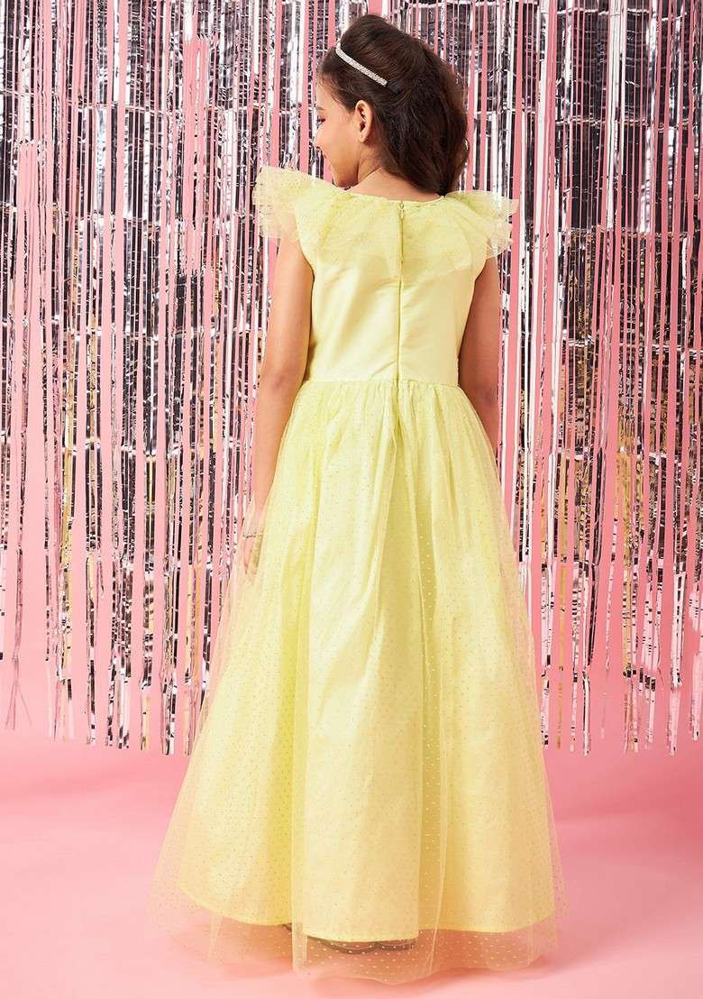 Yellow Embellished Net And Lace Dress - Indya