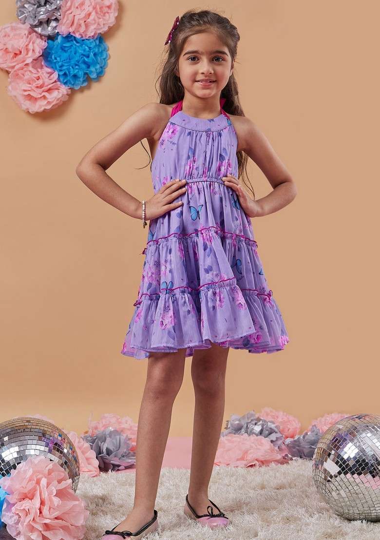 Purple Printed Chiffon Dress - Indya