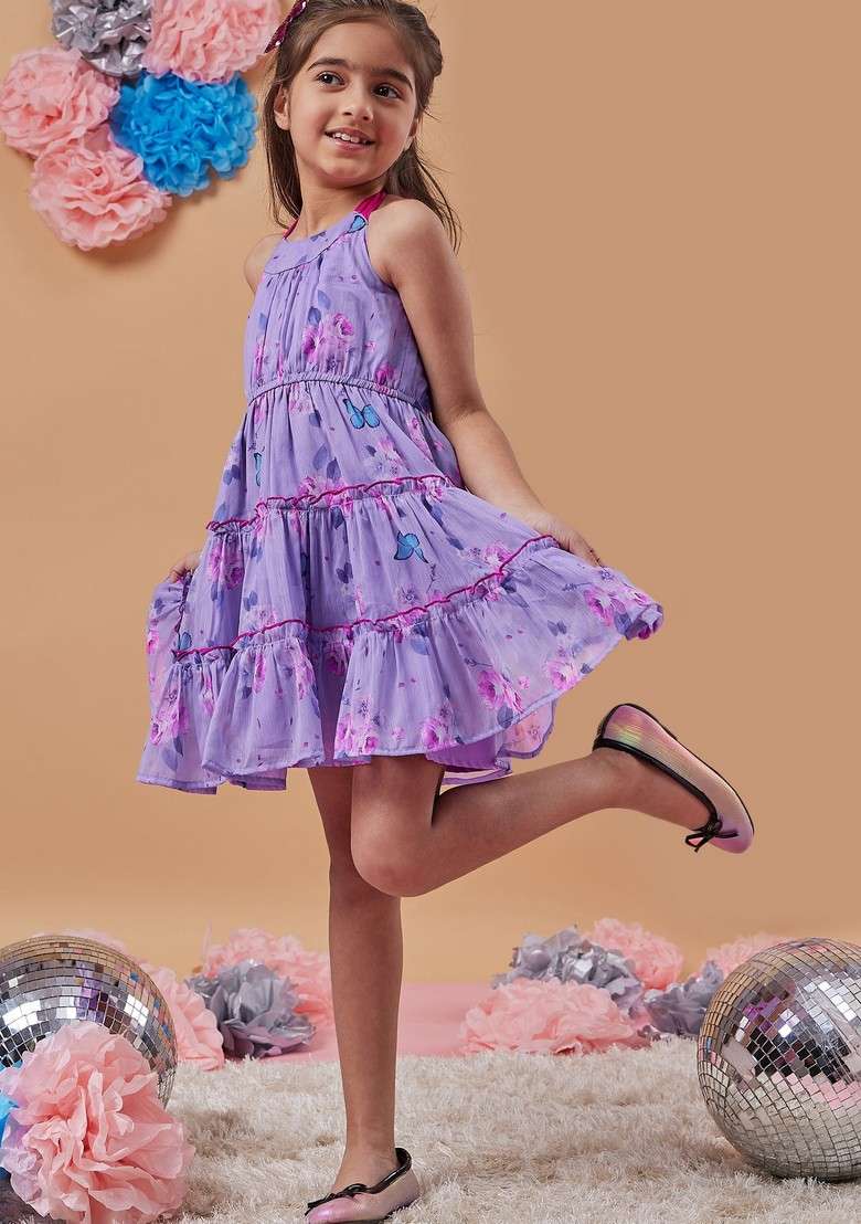 Purple Printed Chiffon Dress - Indya