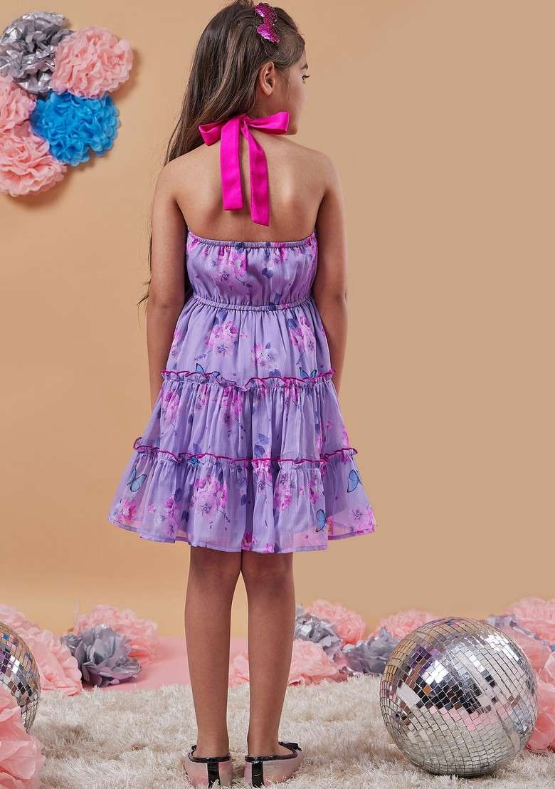 Purple Printed Chiffon Dress - Indya