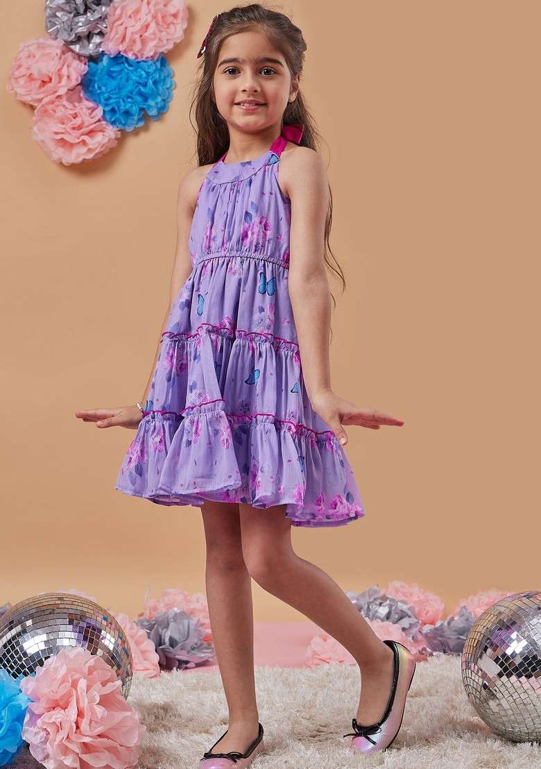 Purple Printed Chiffon Dress - Indya