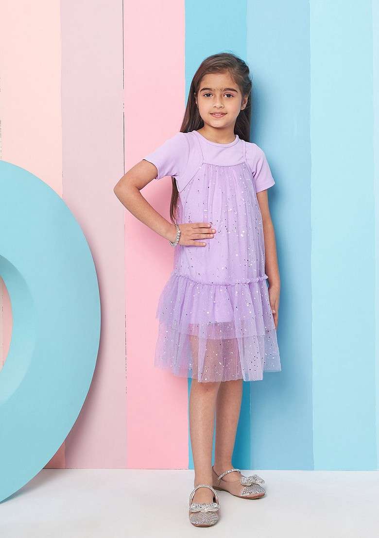 Purple Hosiery And Net Dress - Indya
