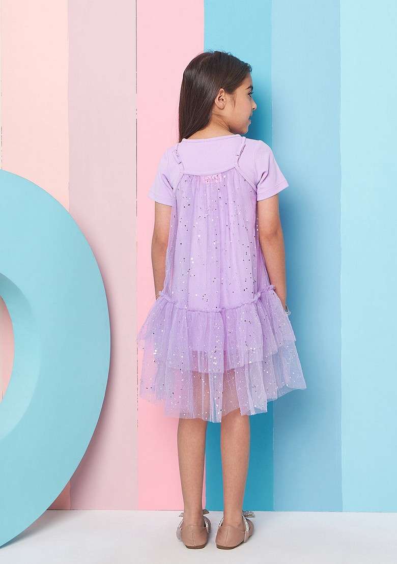 Purple Hosiery And Net Dress - Indya