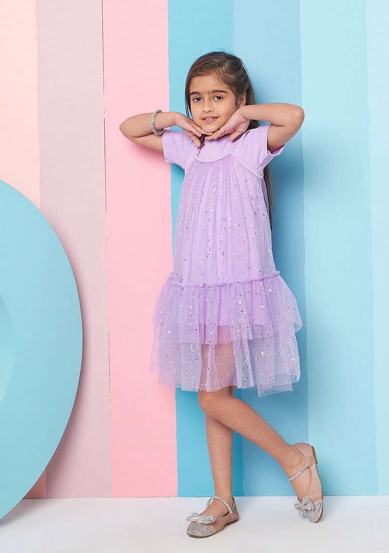 Purple Hosiery And Net Dress - Indya
