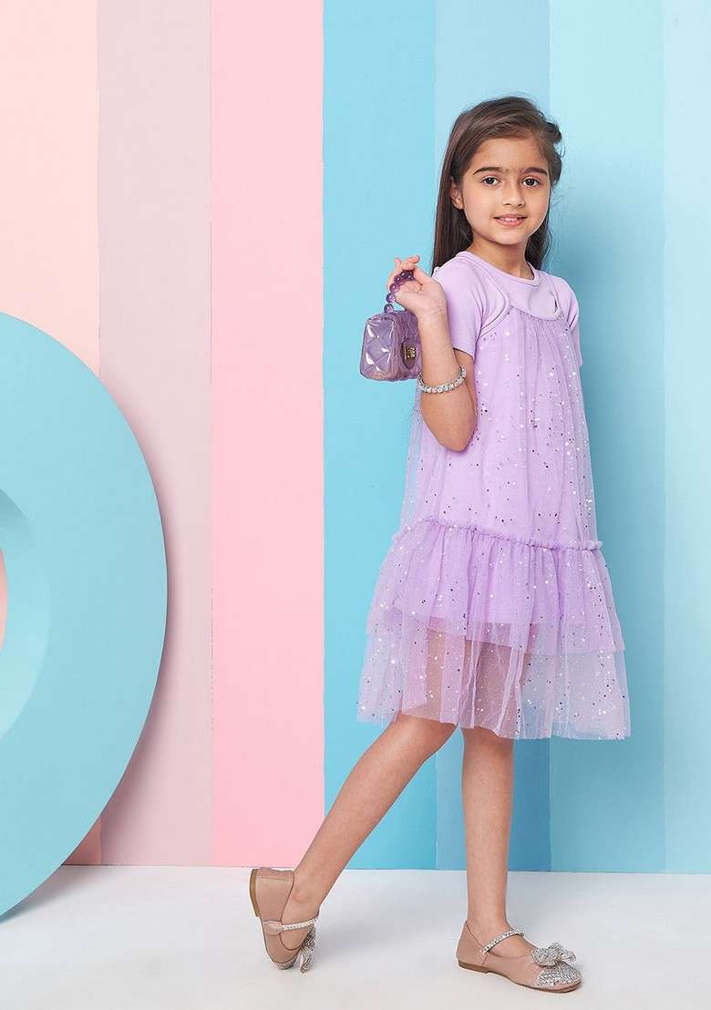 Purple Hosiery And Net Dress - Indya