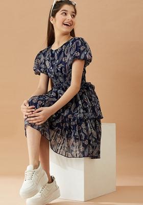 Navy Blue Printed Polyester Dress