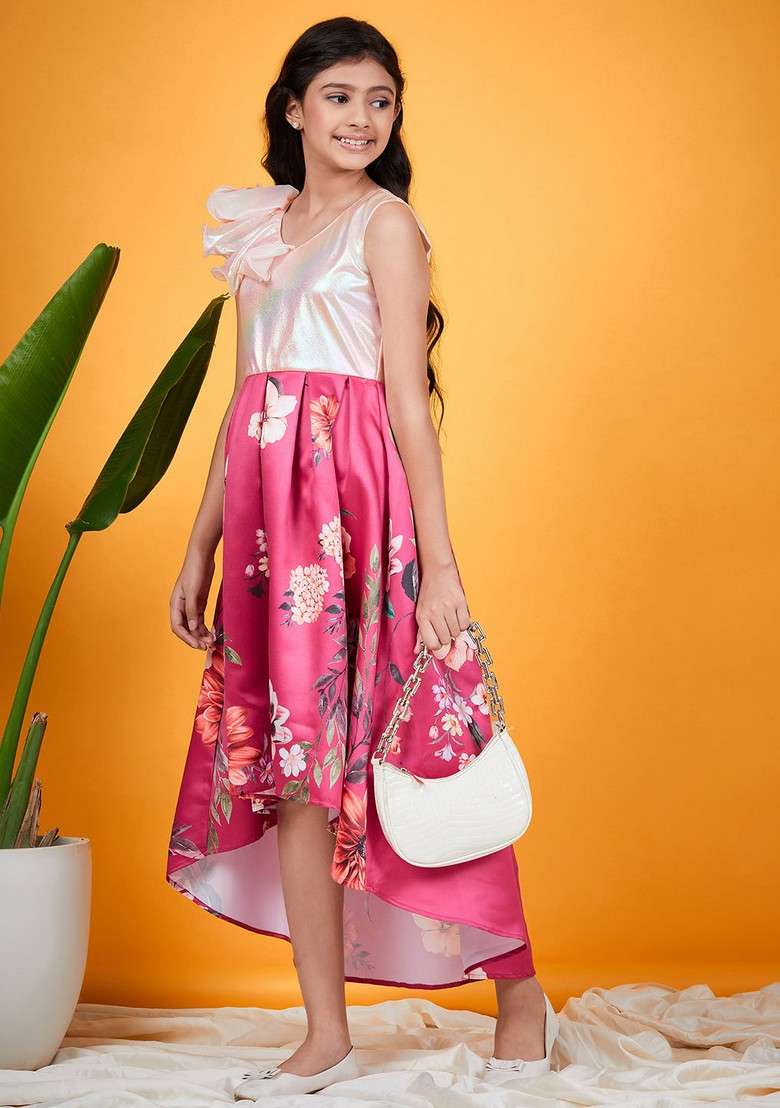 Magenta Printed Satin Dress - Indya
