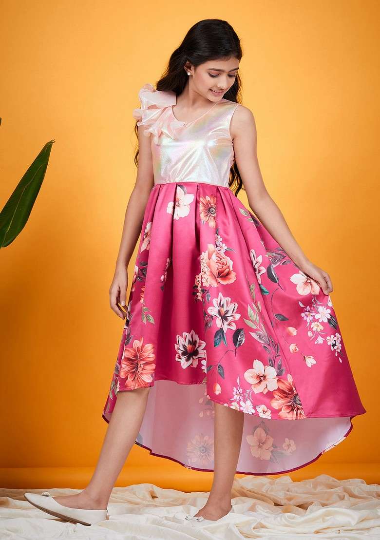 Magenta Printed Satin Dress - Indya