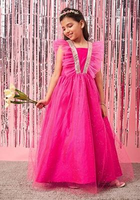 Fuchsia Embellished Net And Lace Dress