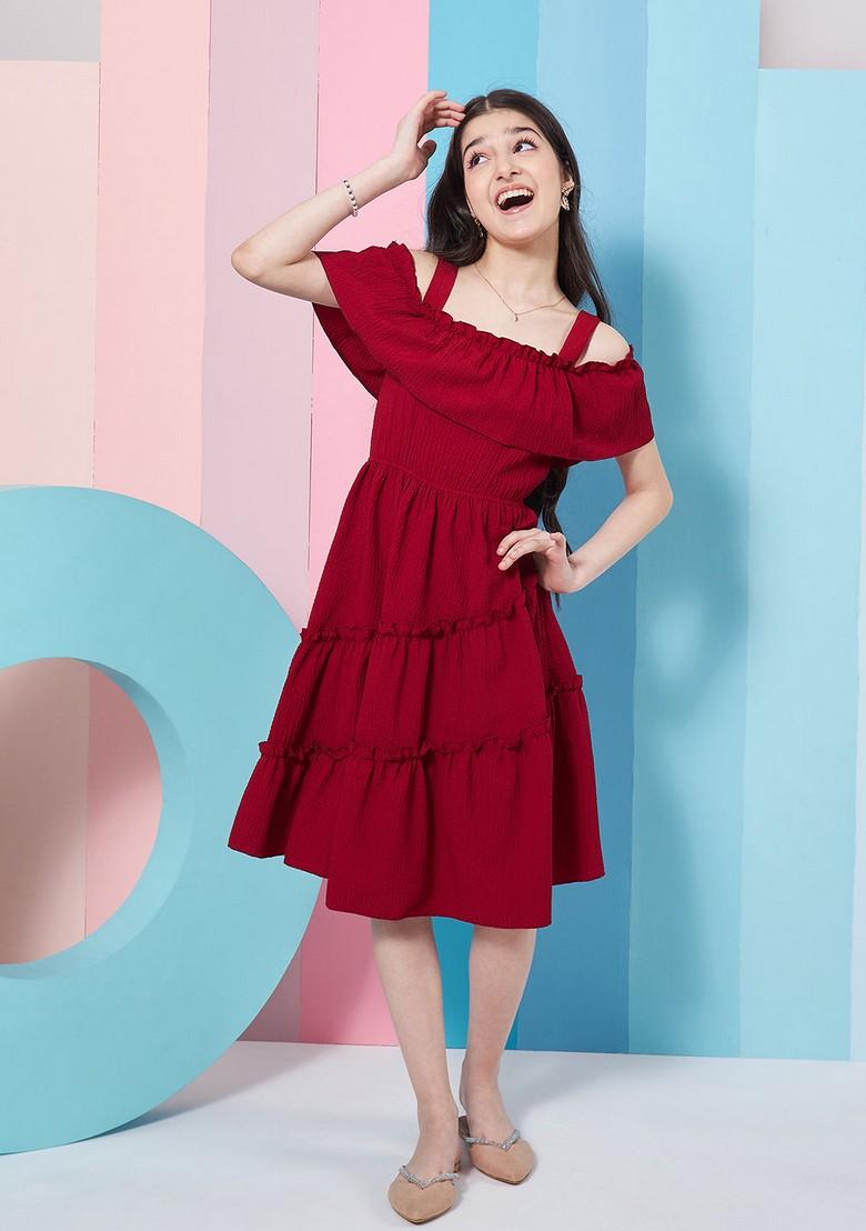 Maroon Polyester Dress - Indya