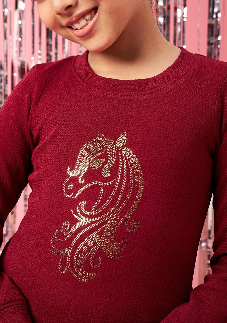 Maroon Embellished Polyester Dress