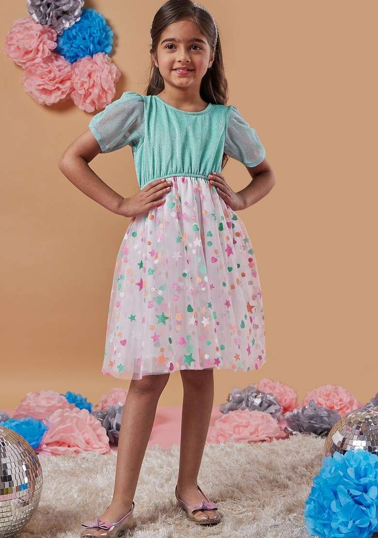 Multicolour Printed Shimmer And Net Dress - Indya